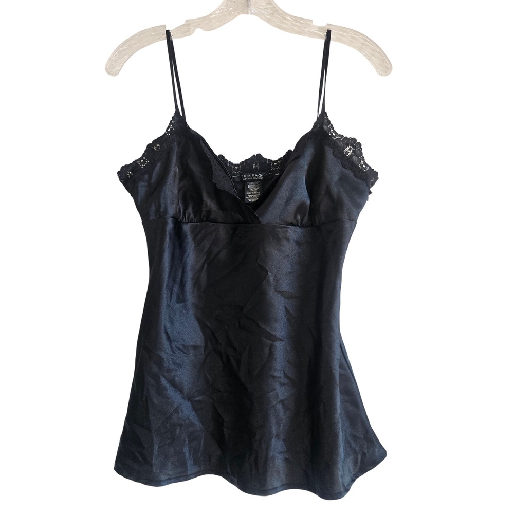 Rampage Whimsigoth L Camisole Women Black Lace Trim Satin Side Zip Cami Top